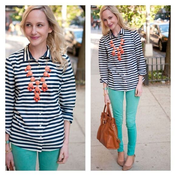 J. Crew Women's Striped Long Sleeve Boy Button-Down Shirt Blue White Size 8 - Picture 1 of 9